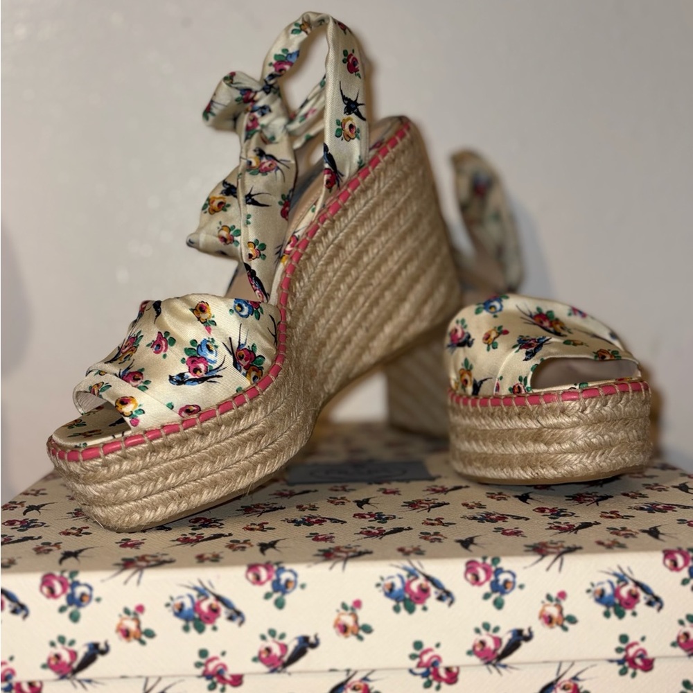 Prada Floral Espadrille Wedges - Cream and Pink